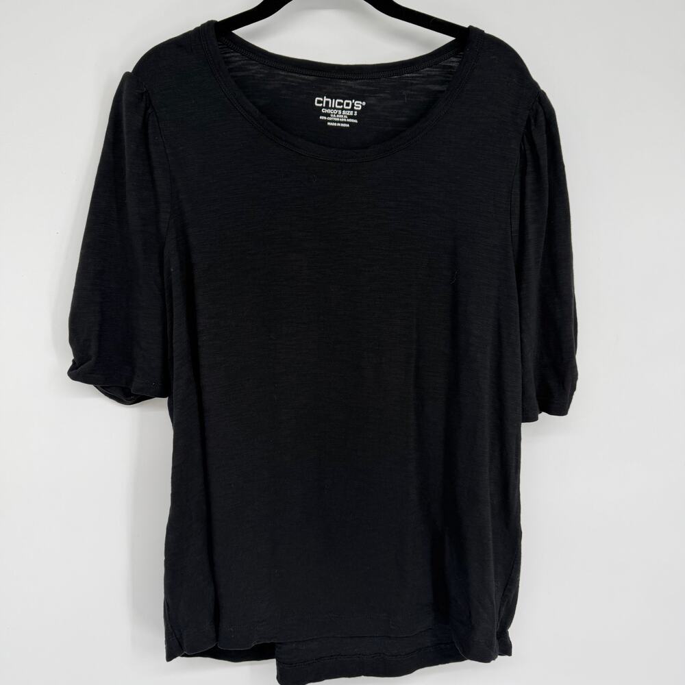 Chico’s Top Women’s XL Black Puff Short Sleeve Slub Cotton Staple‎ Wardrobe
